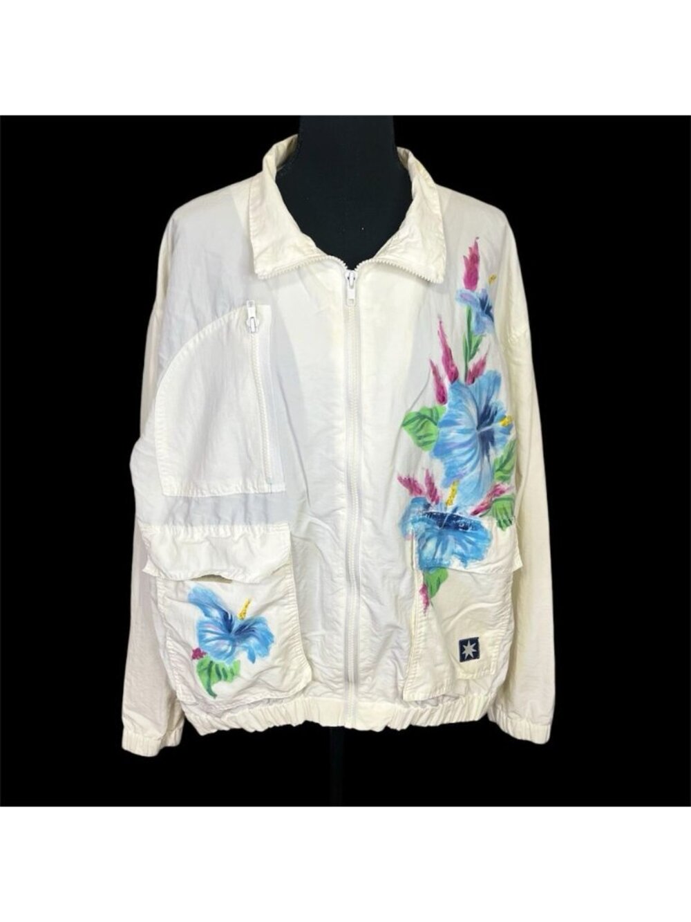Vintage 80s Starbus Painted Floral Supplex Nylon Light Zip Jacket M Hibiscus